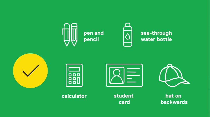 Infograph with icons of items that can be brought into the test centre, outlined in the text below.